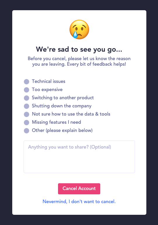 baremetrics cancellation reason form