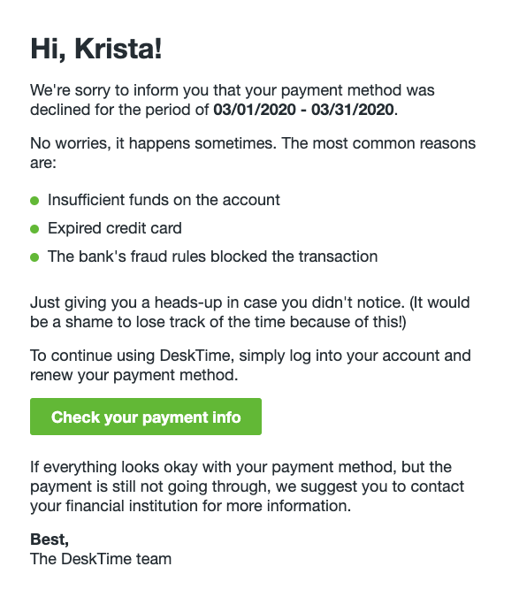 DeskTime dunning email