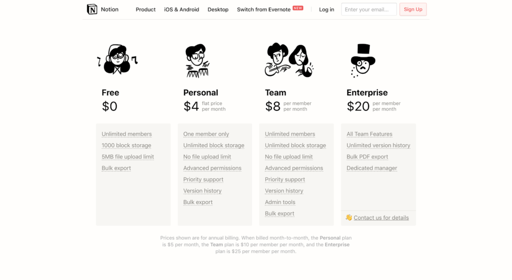 SaaS pricing models and strategies example: Notion pricing page